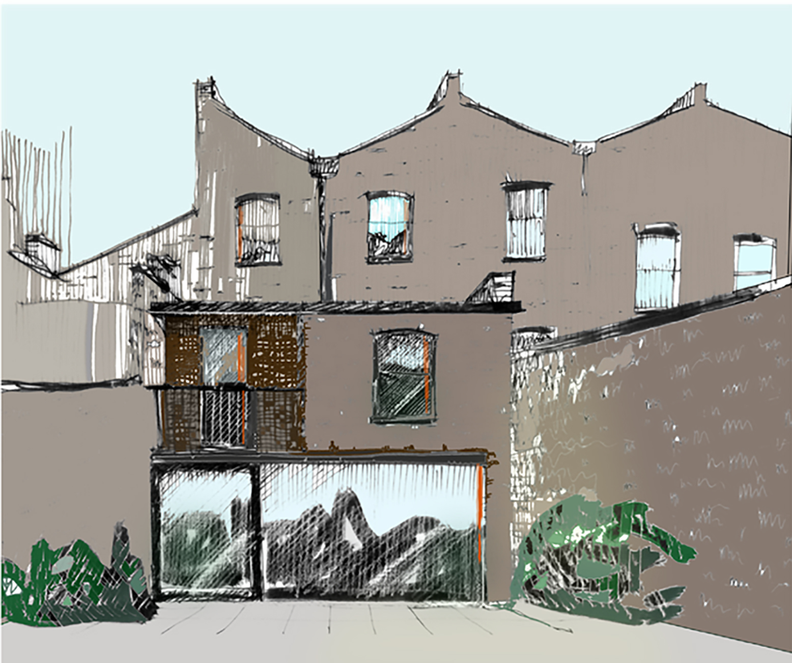 Islington terraced house rear elevation hand sketched